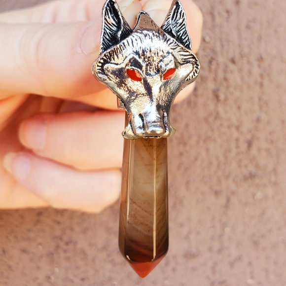 New Silver Wolf Head Onyx Agate Pendulum Pendant. - Picture 1 of 15